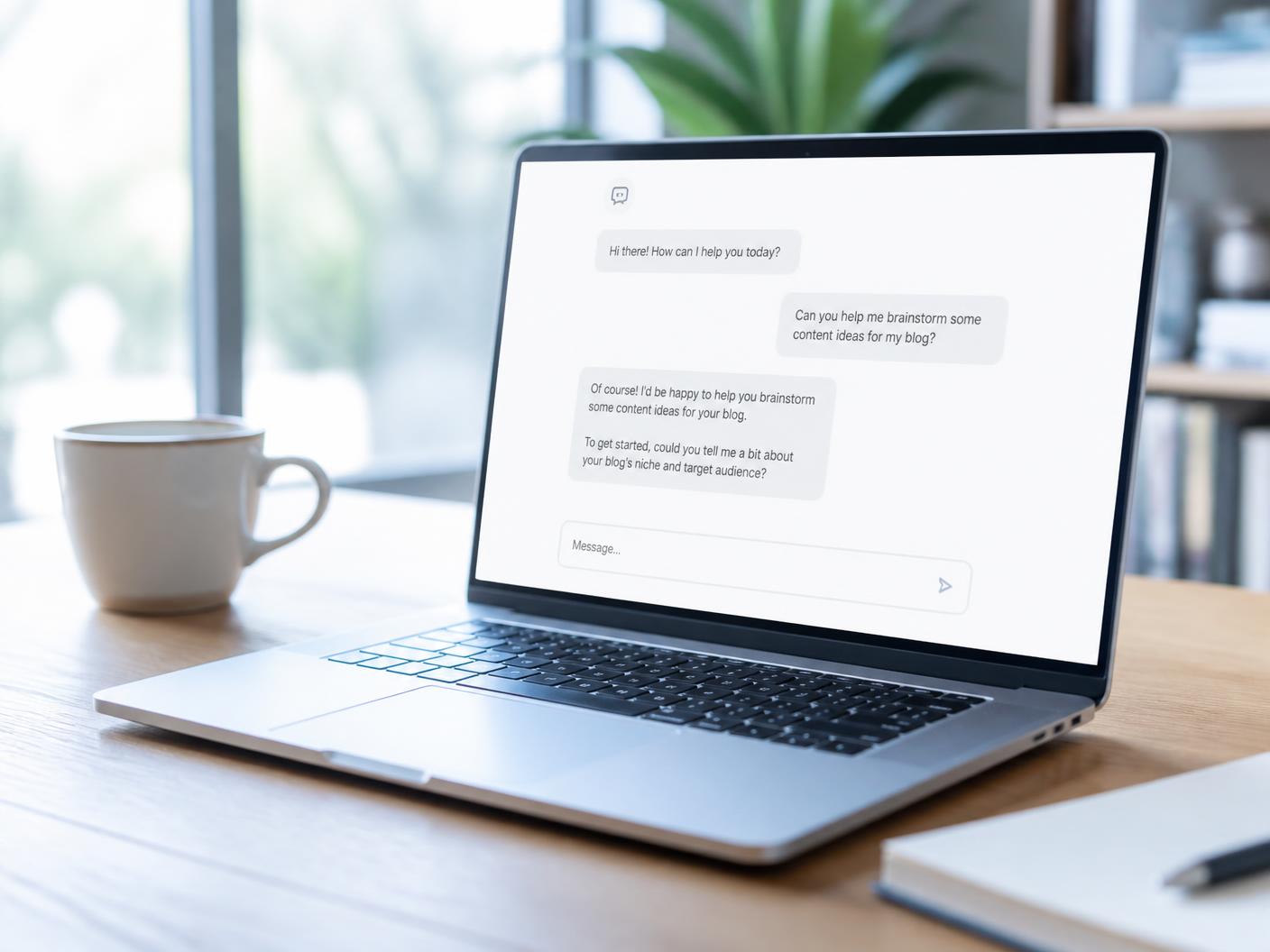A laptop on a sunlit desk showing a clean AI chat assistant conversation.